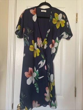 Babaton Navy Floral Wrap Dress with Yellow & Pink Blooms